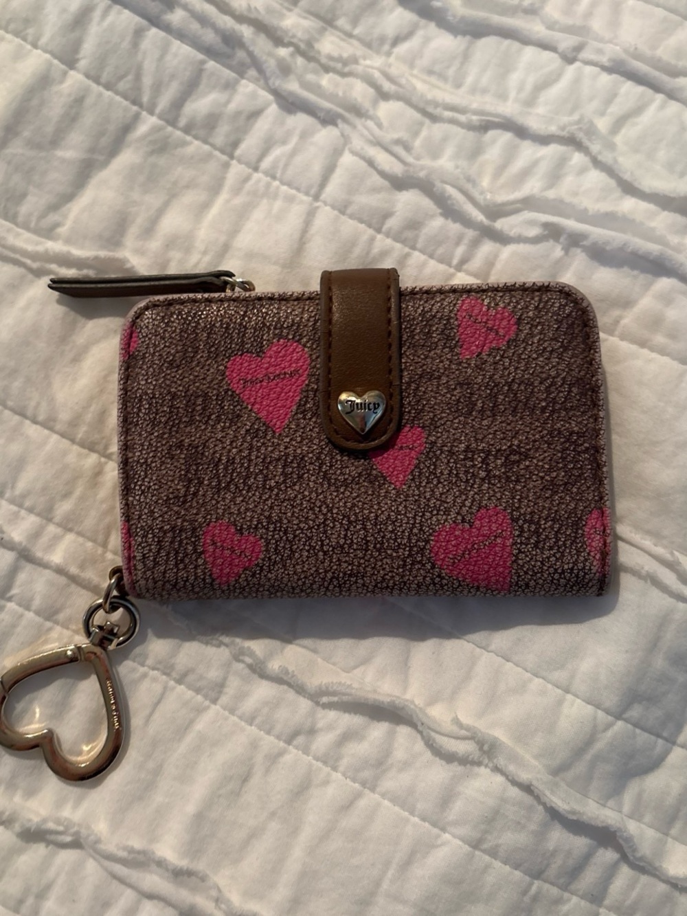 Juicy Couture Brown Wallet with Pink Heart Print and Heart Charm